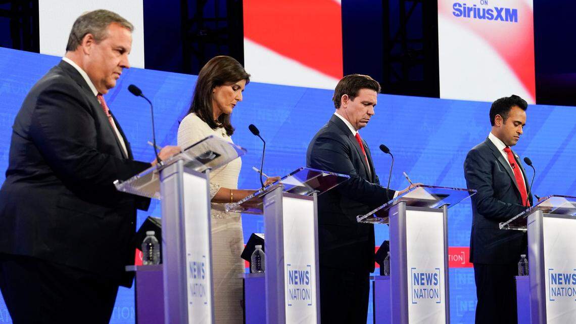 Former New Jersey Gov. Chris Christie, former South Carolina Gov. Nikki Haley, Florida Gov. Ron DeSantis and businessman Vivek Ramaswamy, during the fourth Republican presidential primary debate on Dec. 6 at the University of Alabama in Tuscaloosa.