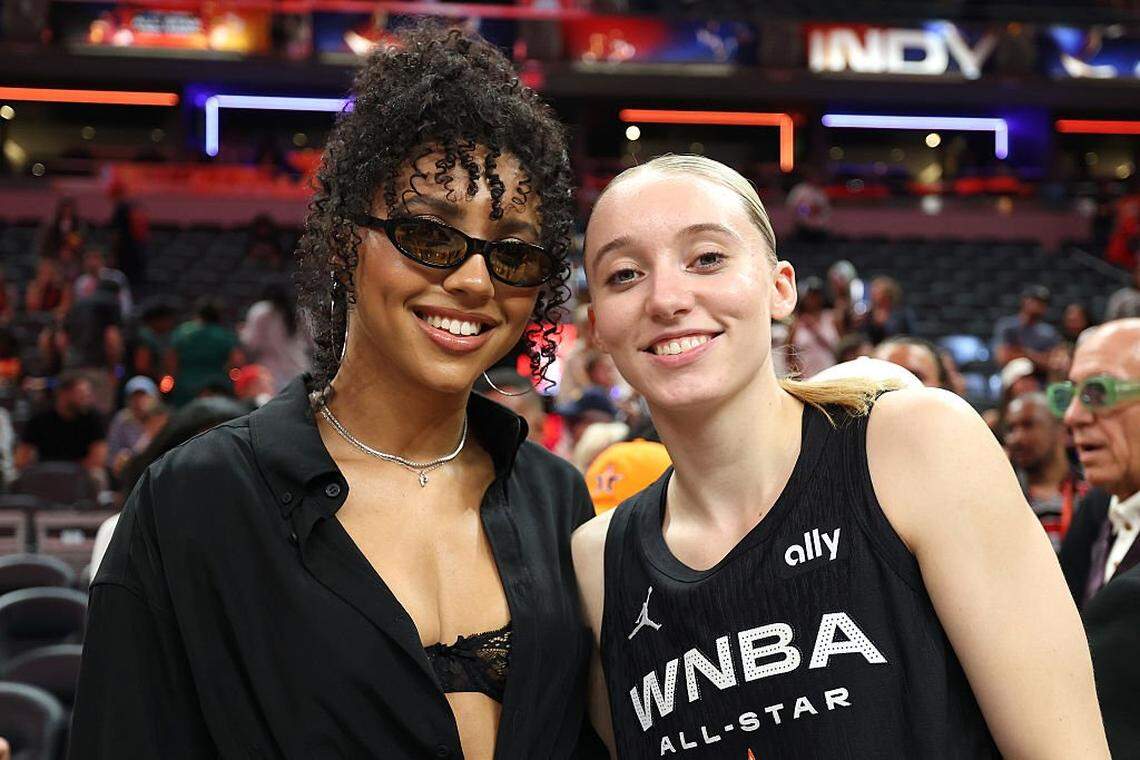 Azzi Fudd (left) poses with Dallas Wings guard Paige Bueckers after the 2025 WNBA All-Star Game July 19, 2025, at Gainbridge Fieldhouse in Indianapolis.