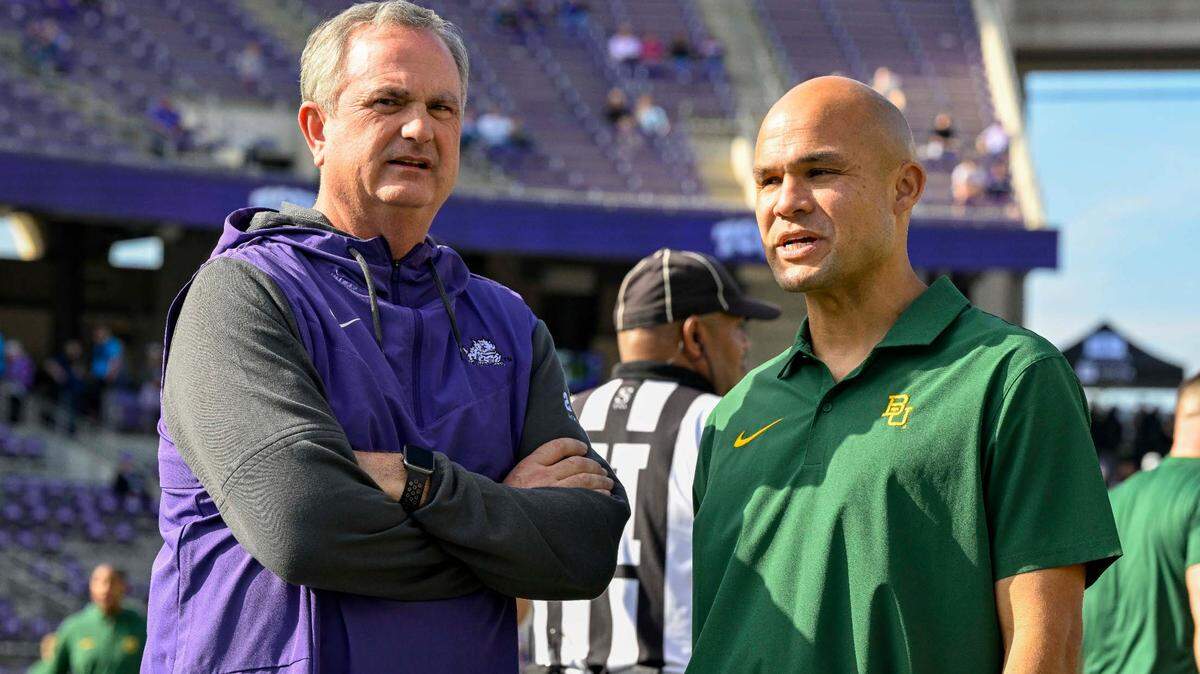 CU Horned Frogs head coach Sonny Dykes (left) and Baylor Bears head coach Dave Aranda (right) before their 2023 game between the TCU Horned Frogs and the Baylor Bears. The two meet again on Saturday at Baylor.