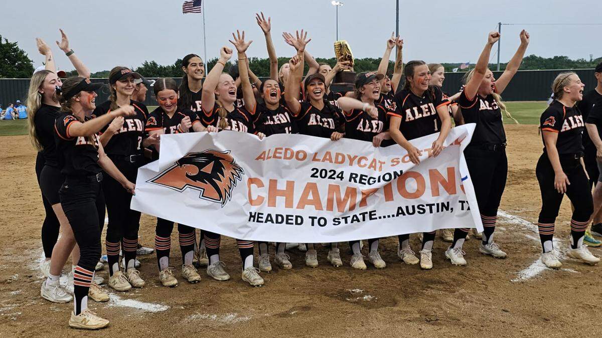 Aledo softball celebrates following a regional final series victory over Burleson Centennialon at Burleson High School on May 23, 2024.