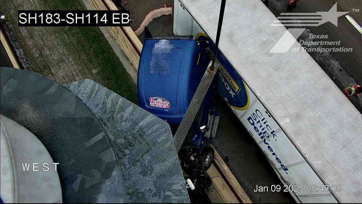 Eastbound Texas 114 was closed at Loop 12 in Irving on Thursday morning, Jan. 9, 2025, after an 18-wheeler jackknifed, with part of the truck’s cab hanging off an overpass. In a social media post, Irving police said, “ATTENTION: The winter weather is here! Roads are already slick and dangerous in certain areas, and we expect to get more throughout the day. Please stay home if you can. It’s crucial to keep our roads clear so first responders can safely answer calls throughout the day.”