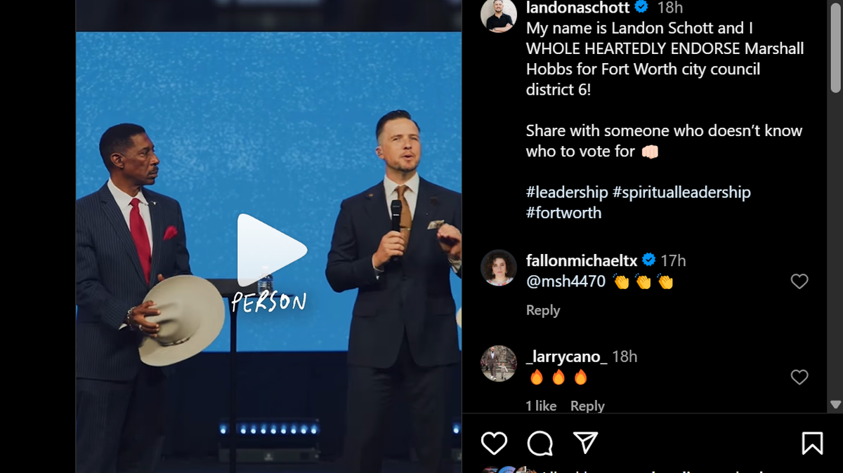 A screenshot of a social media post where two guys in suits are speaking to a church service. 