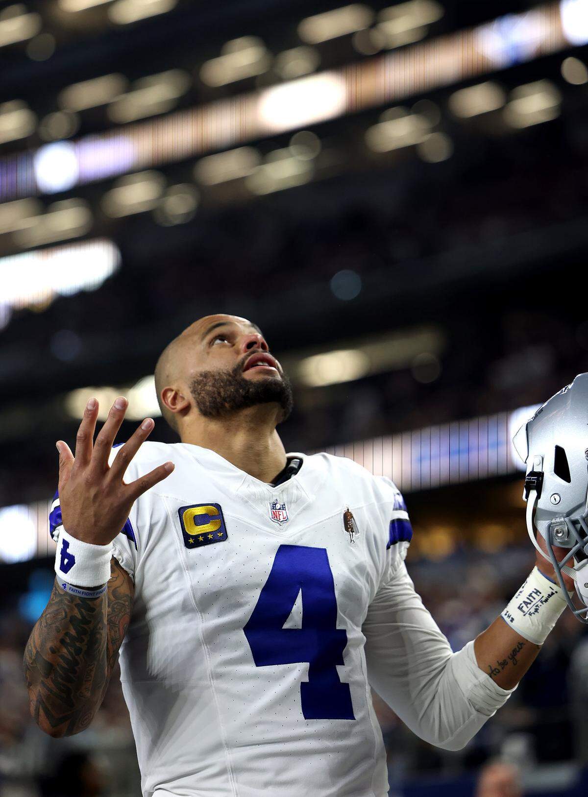Dallas Cowboys quarterback Dak Prescott takes the field before the start of the NFL matchup against the Minnesota Vikings on Sunday, Dec. 14, 2025, at AT&T Stadium.