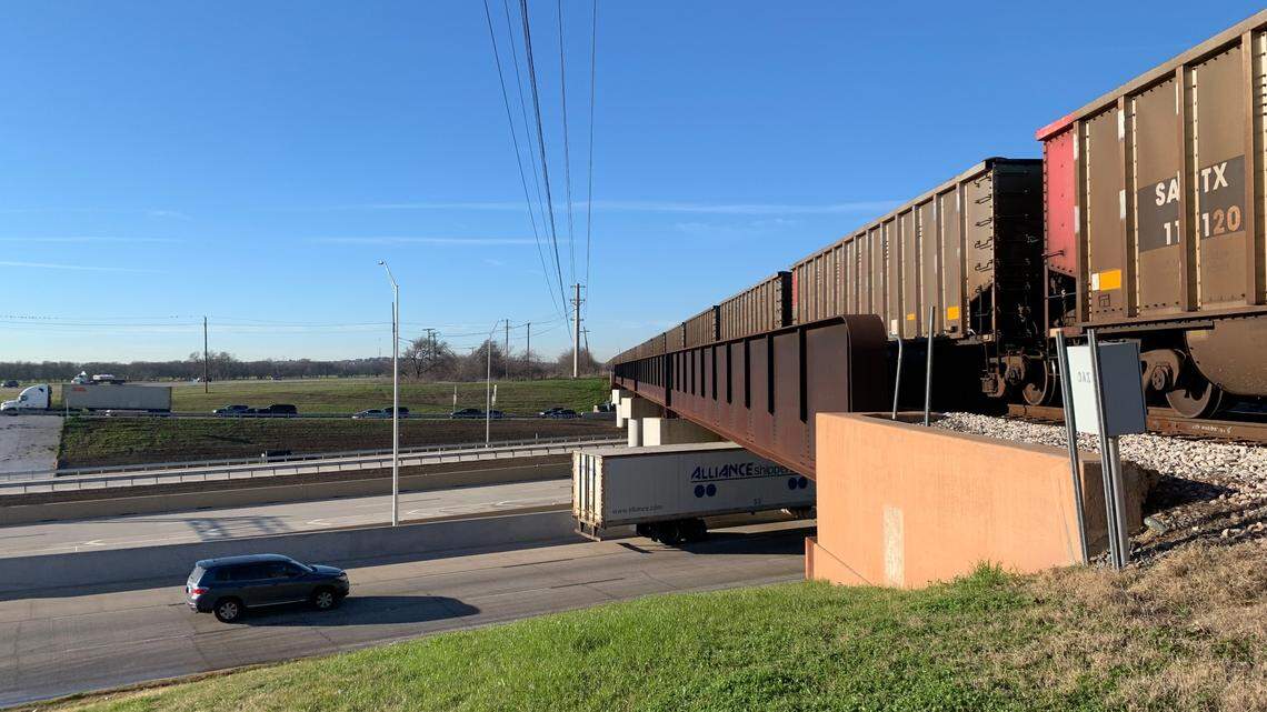 Texas 170 on the morning of Feb. 20, near the highway’s intersection with Interstate 377. Concerns about a rail bridge crossing the road delayed the full opening of its mainlanes.