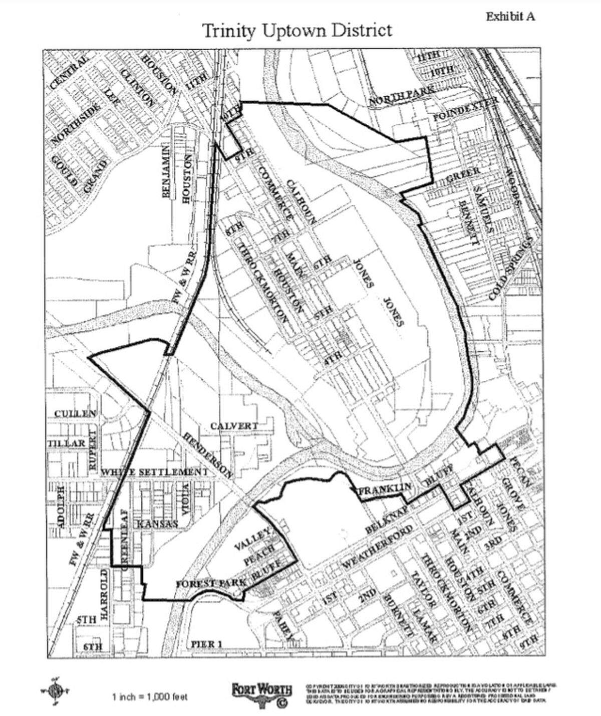 This 2006 map from the city of Fort Worth outlines the boundaries of the “core zone” of Panther Island, which has its own planning and zoning regulations. At the time, the area was called Trinity Uptown.