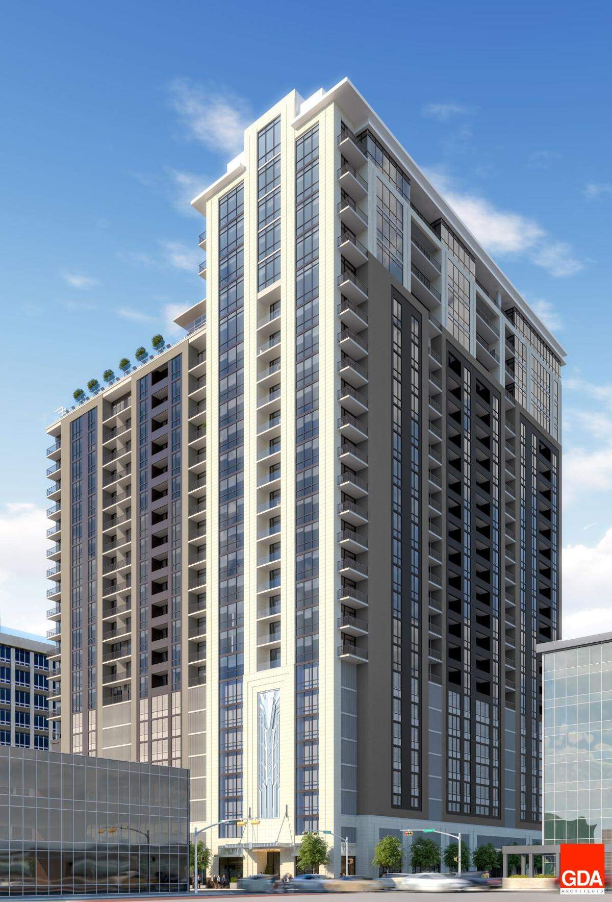 This rendering shows a planned 27-story Deco 969 apartment building planned for 969 Commerce St.