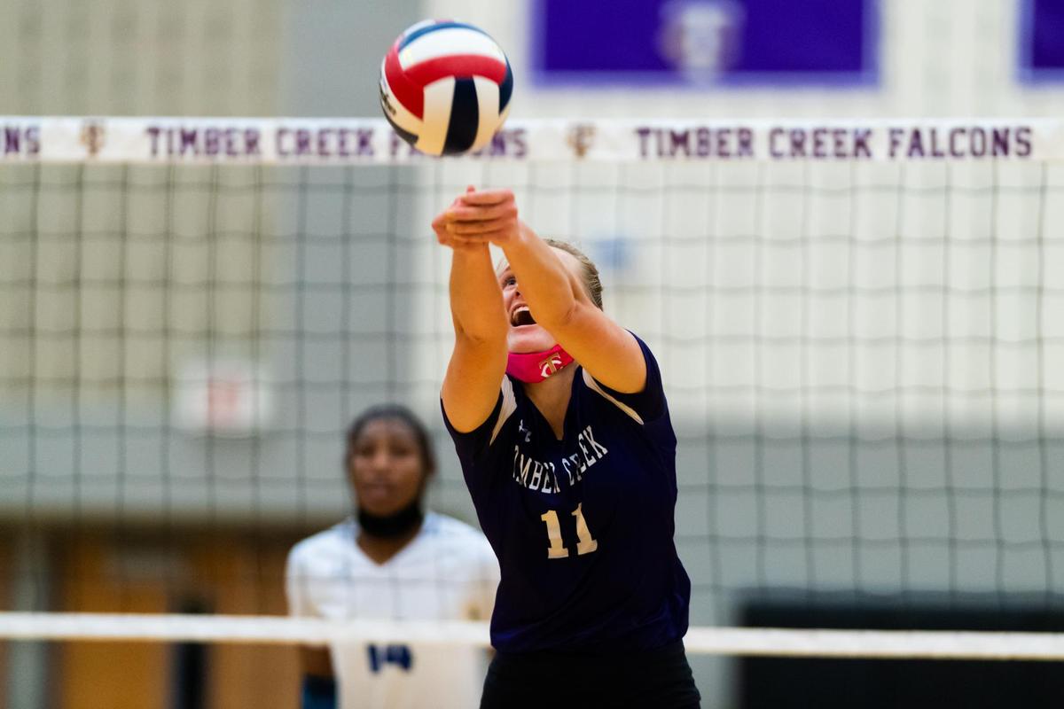 Halle Sherlock (11) passes during a district game between Timber Creek and Byron Nelson, at Timber Creek in Keller on October 17, 2020. (Photo by Matt Smith. Special to the Star-Telegram).