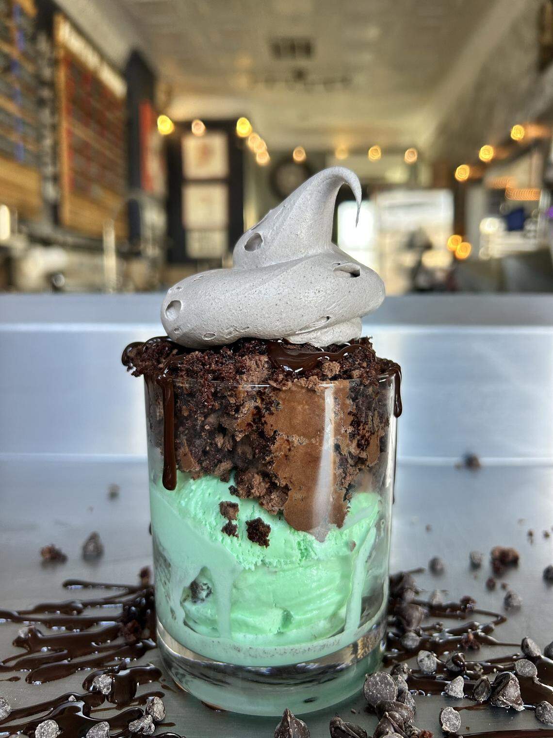 The Scoop and Scootery’s Mint City sundae. This has mint chip ice cream with a chocolate frosted cake core, topped with chocolate fudge, chocolate chips and homemade Oreo frosting.