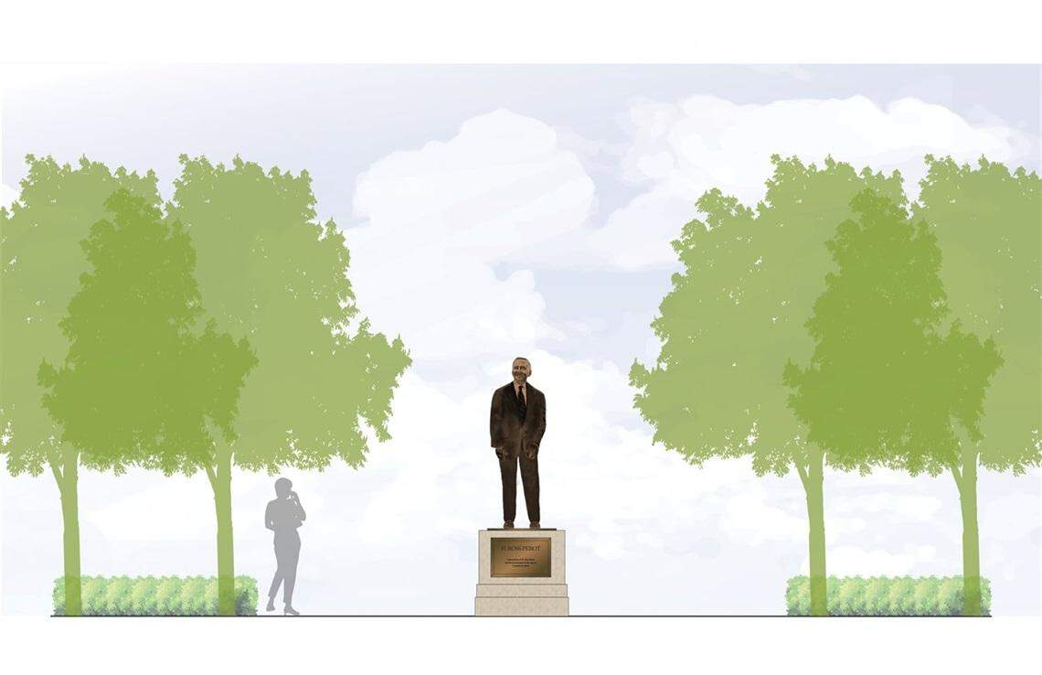 An artist’s rendering of the future Perot Plaza at the newly renamed Perot Field Fort Worth Alliance Airport in Fort Worth, honoring Ross Perot Sr. The plaza will be on the west side of the air traffic control tower, complementing Bob Bolen Plaza and the Honor Guard installation.