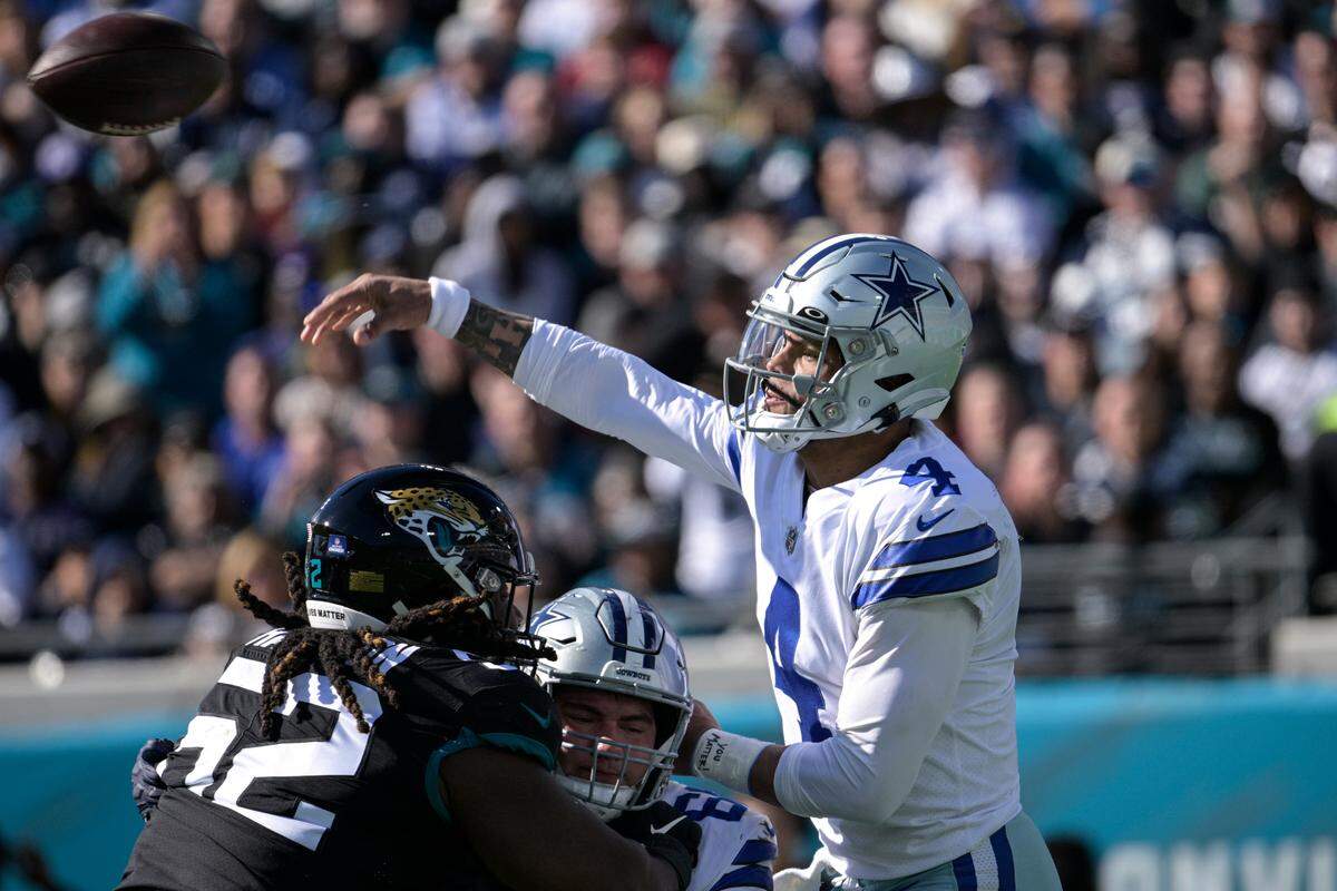 Dallas Cowboys quarterback Dak Prescott (4) throws a pass during the first half of an NFL football game against the Jacksonville Jaguars, Sunday, Dec. 18, 2022, in Jacksonville, Fla. (AP Photo/Phelan M. Ebenhack)
