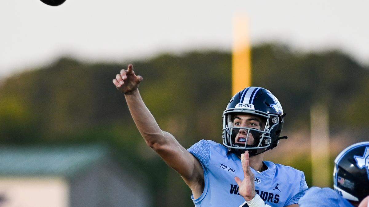 Liberty Christian quarterback Quinn Murphy, #8, throws the ball during a UIL football game against Decatur at Warrior Stadium in Argyle, Texas on Friday, Sept. 13, 2024. Murphy has averaged 213 yards per game. 