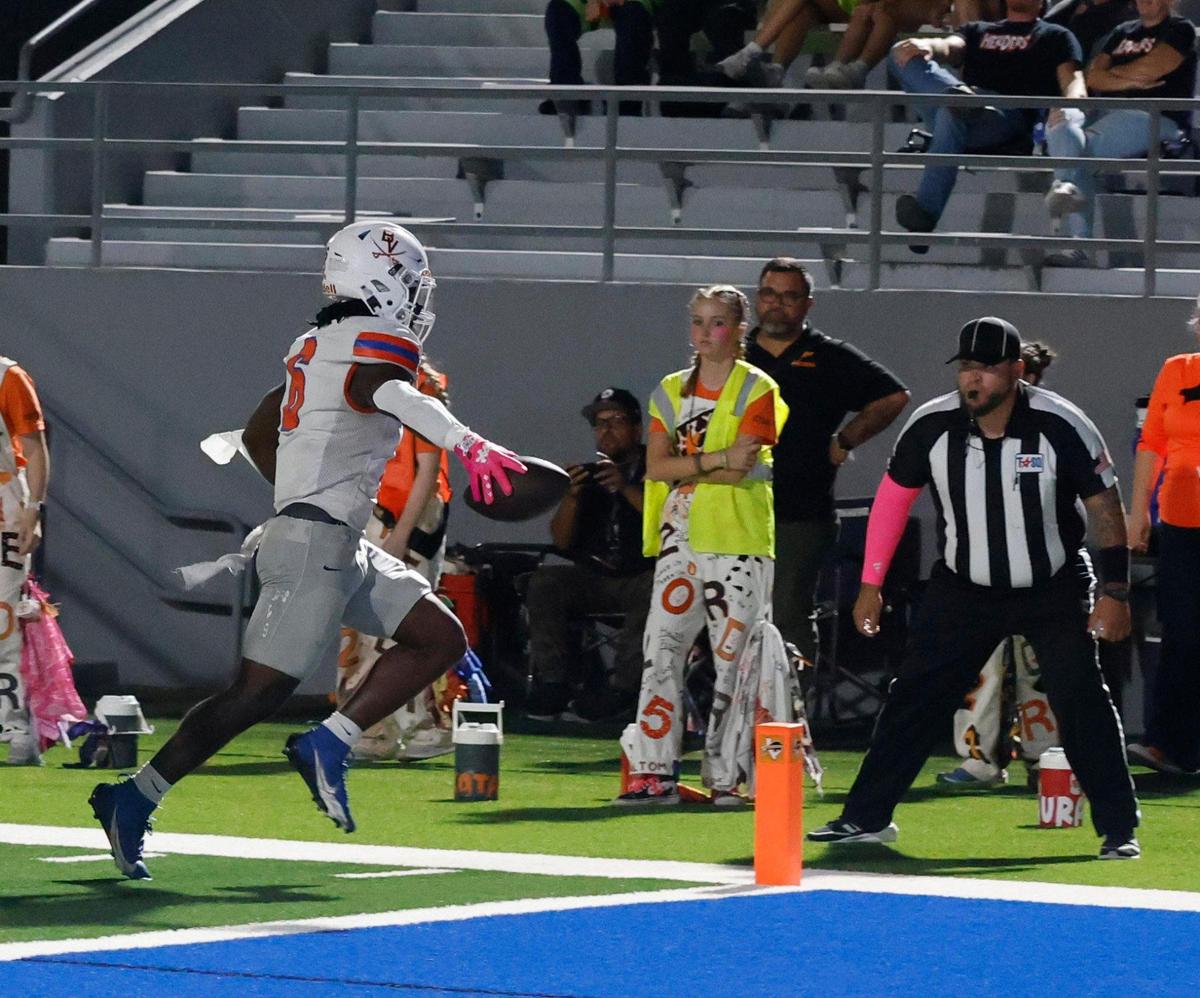 Bowie running back Darrion Bowers (6) crosses the goal line for six during a District 8-6A football game at Birdville Fine Arts/Activity Complex in North Richland Hills, Texas, Friday, Oct. 25, 2024.