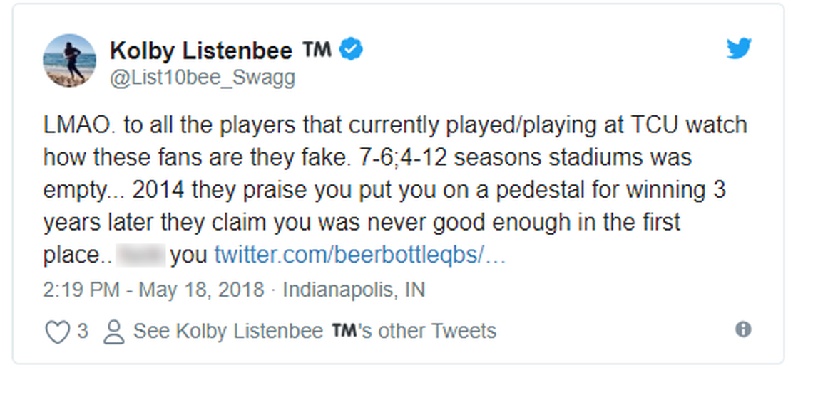 TCU wide receiver Kolby Listenbee called out 'fake' TCU fans in this May 18 tweet, which has since been deleted.