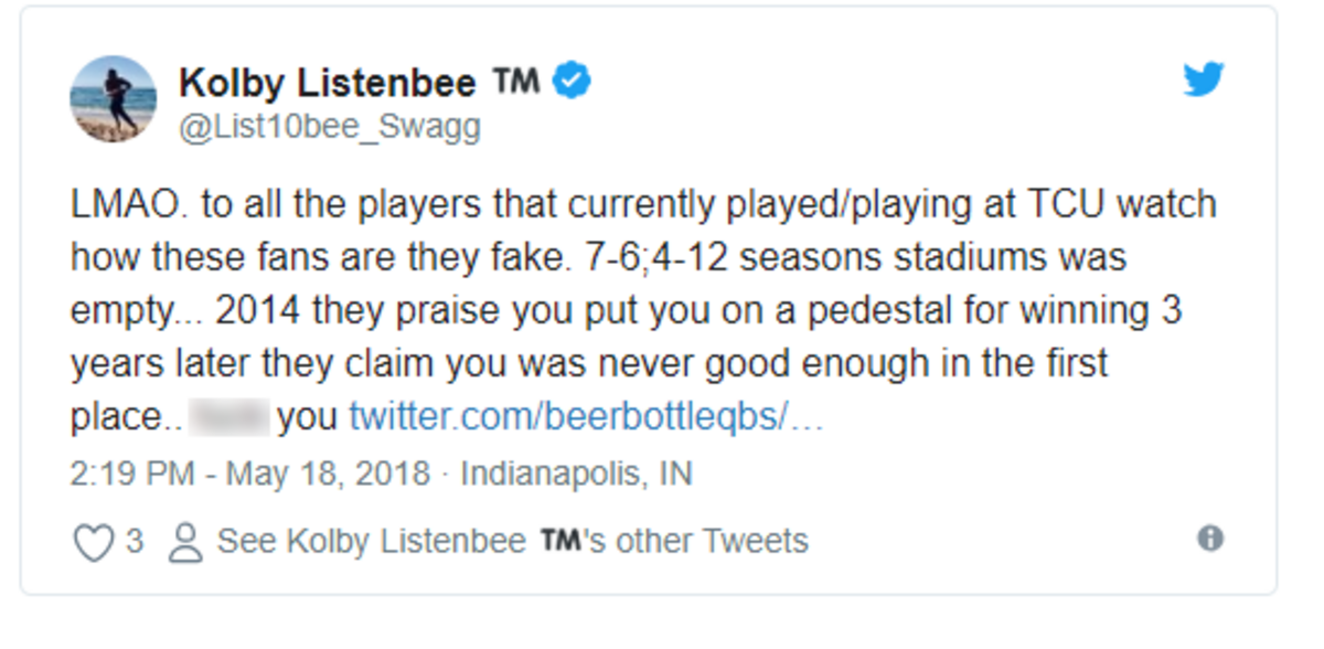 TCU wide receiver Kolby Listenbee called out 'fake' TCU fans in this May 18 tweet, which has since been deleted.