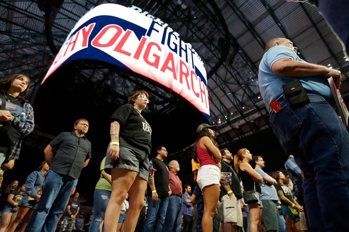 The crowd listens to a speech by IAM Union President Brian Bryant at Bernie Sanders’ “Fighting Oligarchy: Where We Go From Here” tour stop at Dickies Arena on Sunday June 22, 2025.