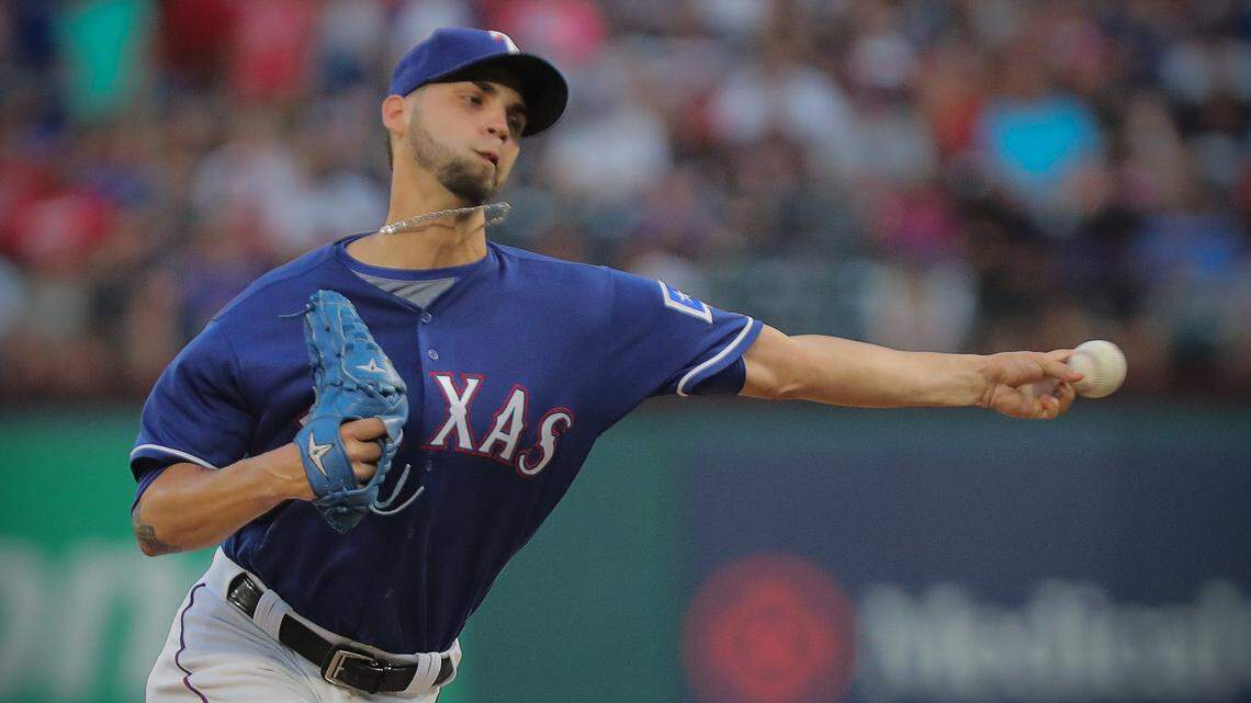 Texas Rangers relief pitcher Alex Claudio (58) pitches in the sixth inning as the New York Yankees play the Texas Rangers at Globe Life Park in Arlington, Texas, Wednesday, May 23, 2018.