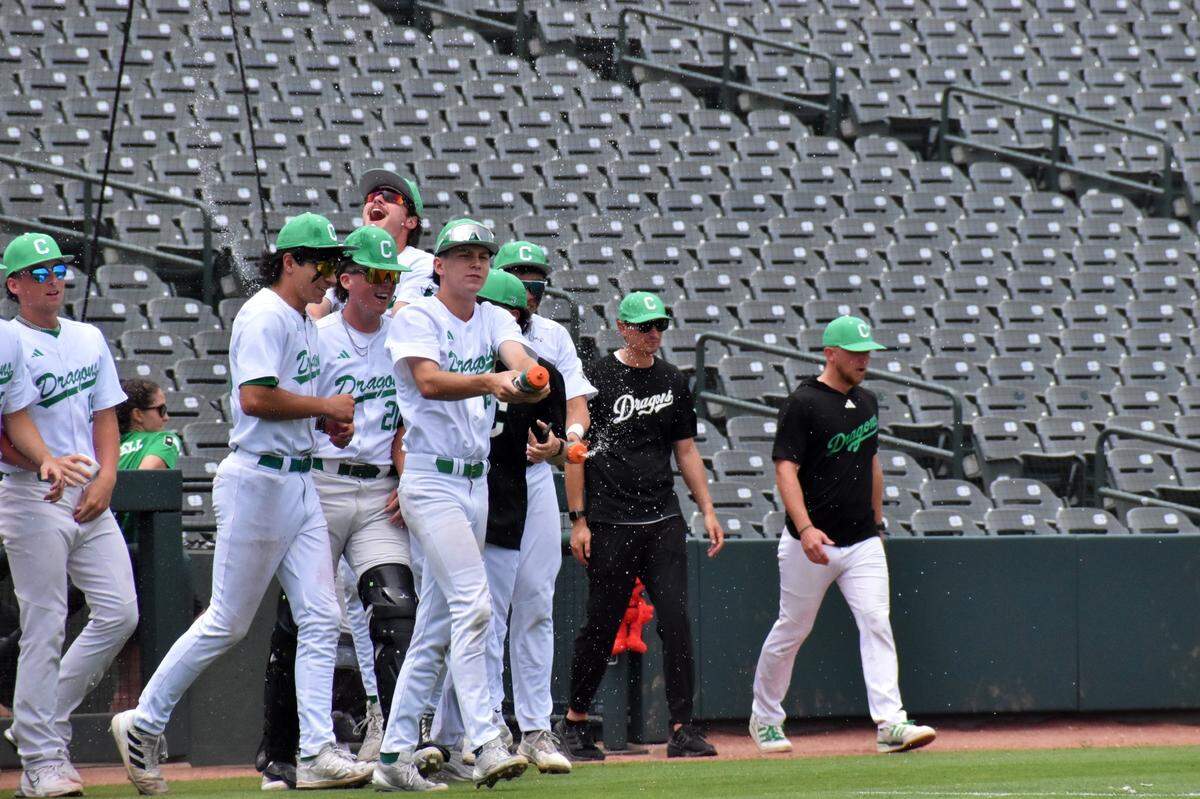 Southlake Carroll baseball celebrates in an area round series win at Riders Field in Frisco on Saturday, May 10, 2025.
