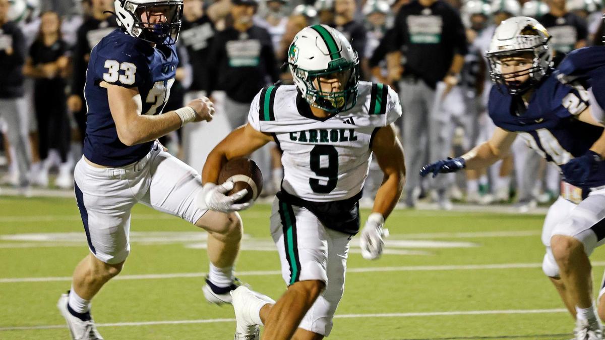Southlake Carroll running back Riley Wormley (9) is a nominee for the Fort Worth-area player of the week.