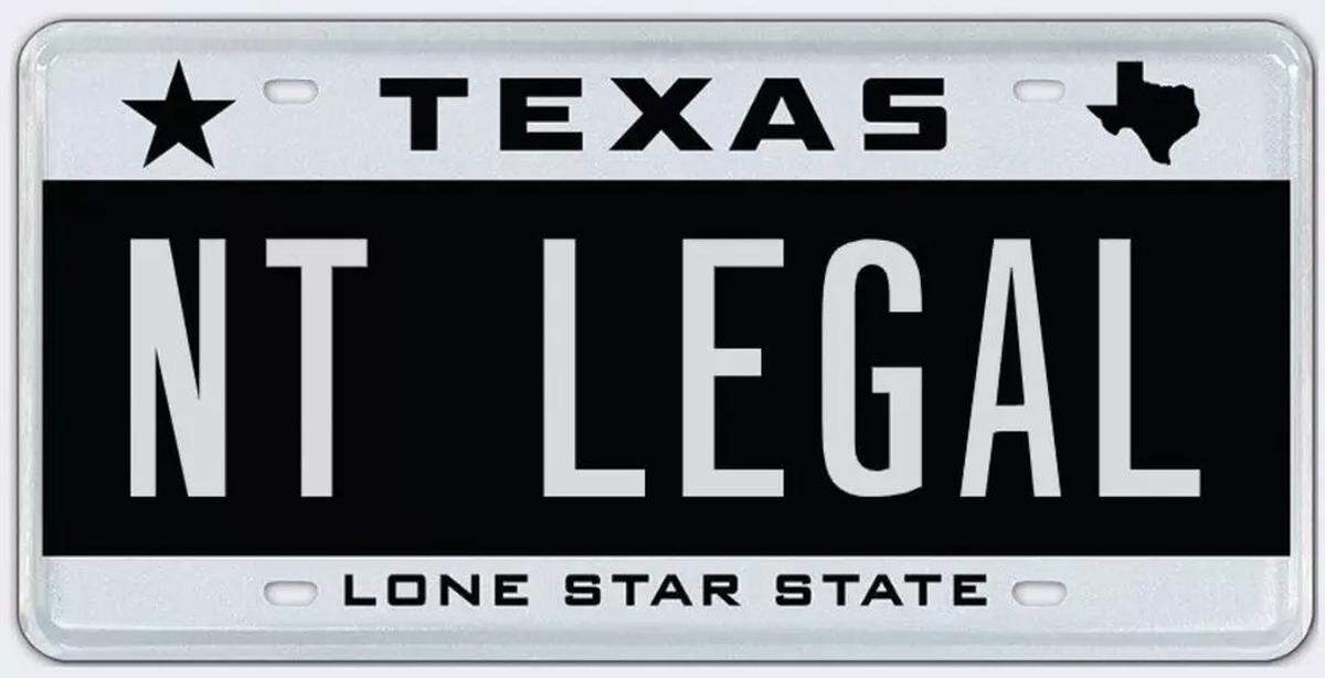 A custom license plate that was rejected in 2024 reads, “not legal.”