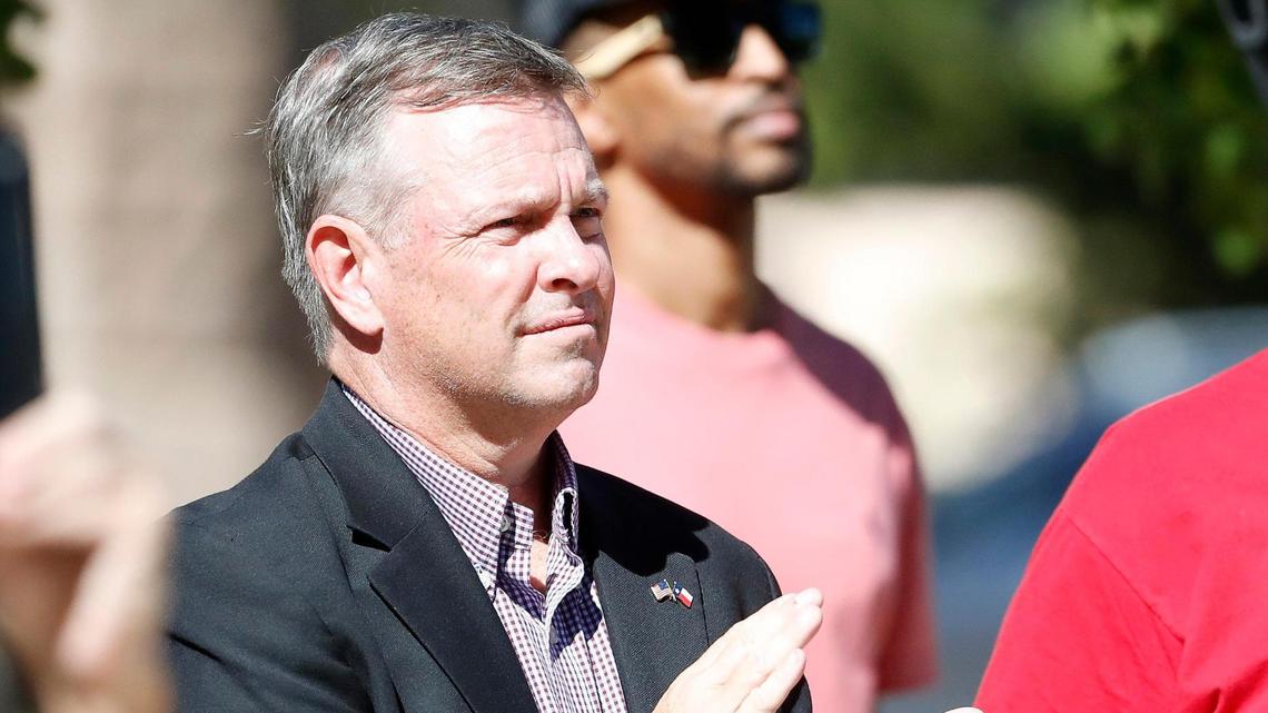 Tim O’Hare, the Republican candidate for Tarrant County judge, applauds a speaker during the March for America on Oct. 1 at the Tarrant County Courthouse.