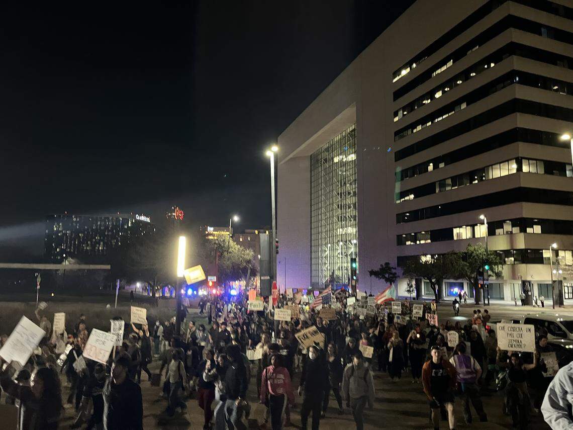 A protest in downtown Dallas on Thursday, Jan. 8, 2026, over the shooting death of Renee Good by an immigration agent in Minneapolis the day before.