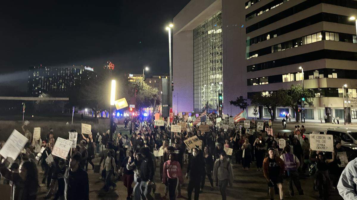 A protest in downtown Dallas on Thursday, Jan. 8, 2026, over the shooting death of Renee Good by an immigration agent in Minneapolis the day before.