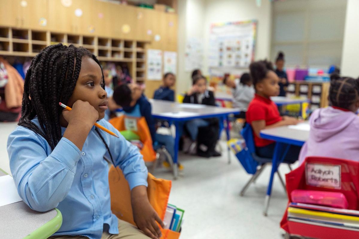 Kindergartner Blessing Sampson listens to her teacher during a math lesson at David L. Walker Elementary in Crowley ISD on Feb. 7.