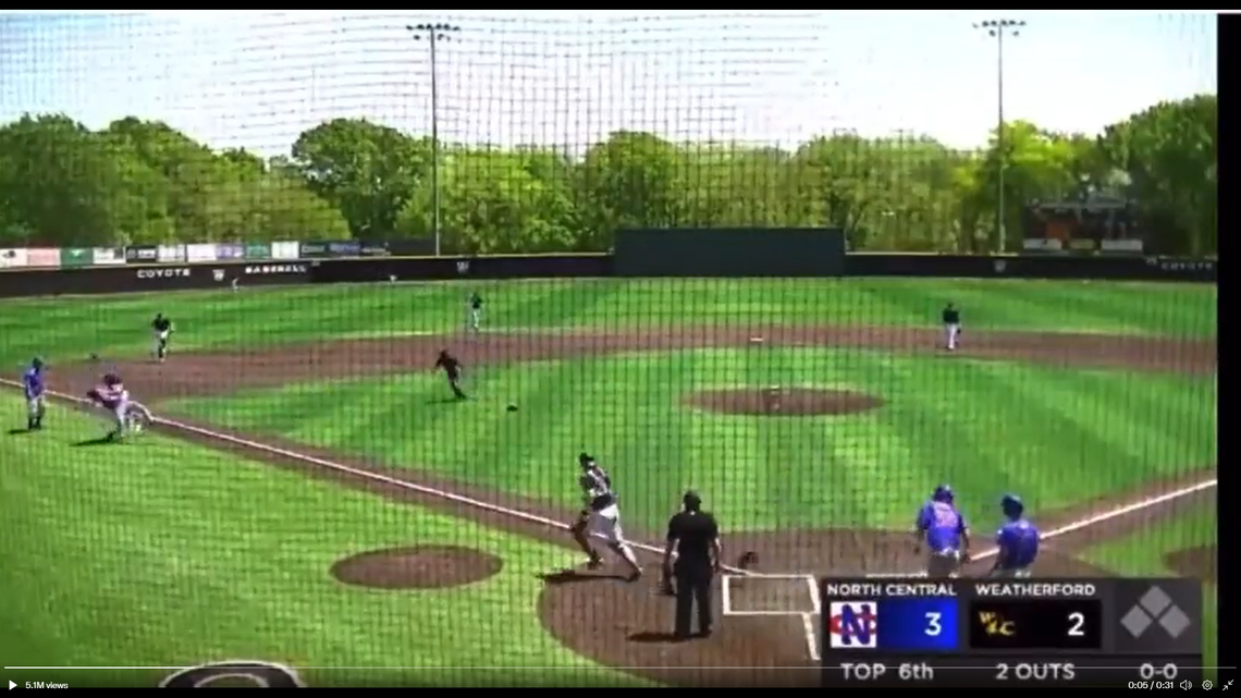 North Central Texas College batter Josh Phillips’ hat goes flying when we was body-slammed by Weatherford College pitcher Owen Woodward after Phillips’ two-run home run in the sixth inning Wednesday.