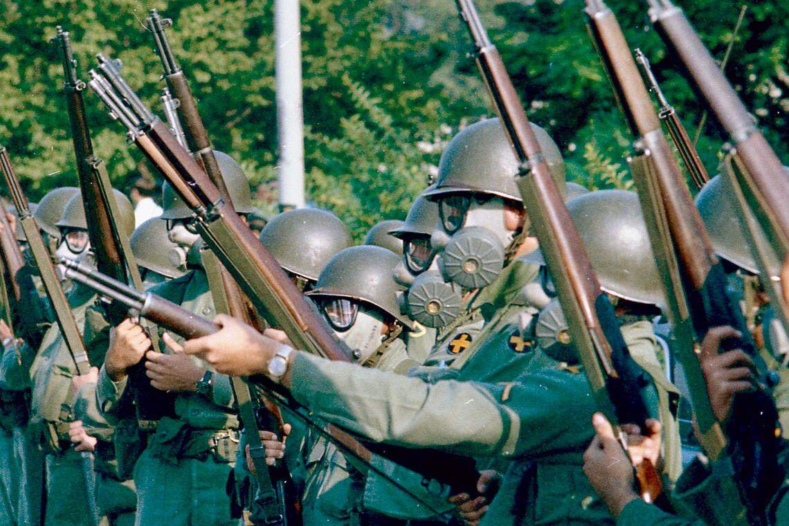 National Guardsmen were called out to keep order during the 1968 Democratic National Convention in Chicago.