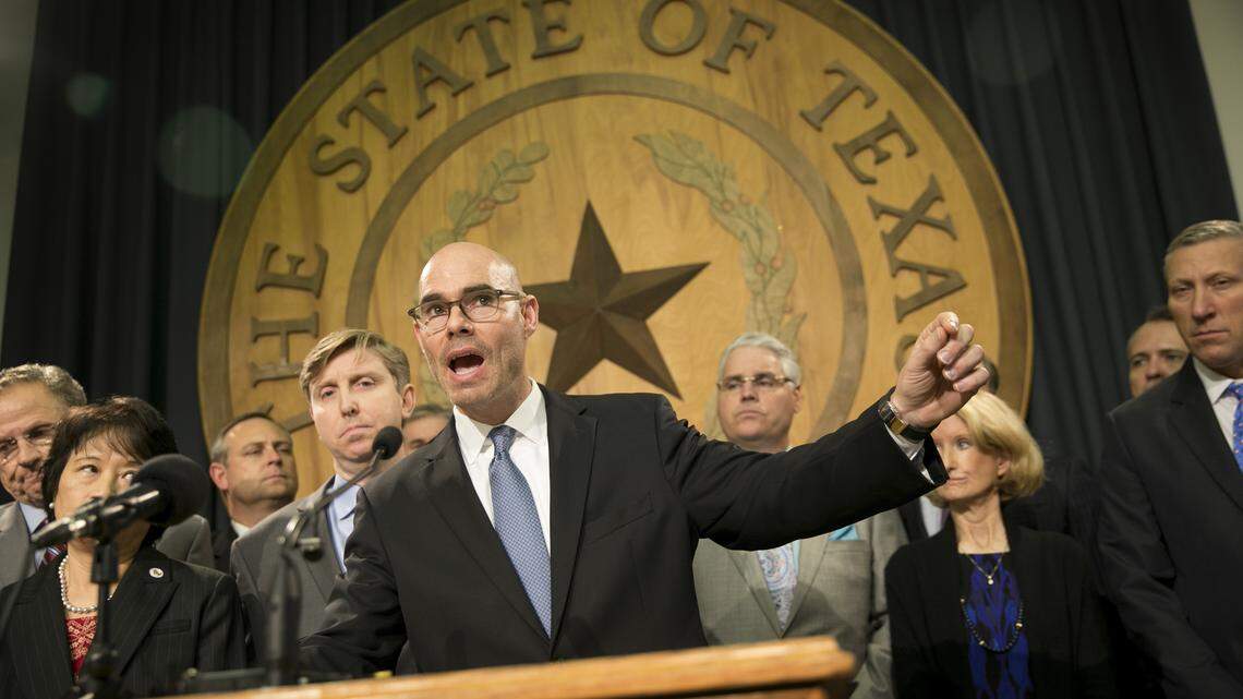 Rep. Dennis Bonnen, R-Angleton, picitured at a 2017 news conference, is the new speaker of the Texas House.