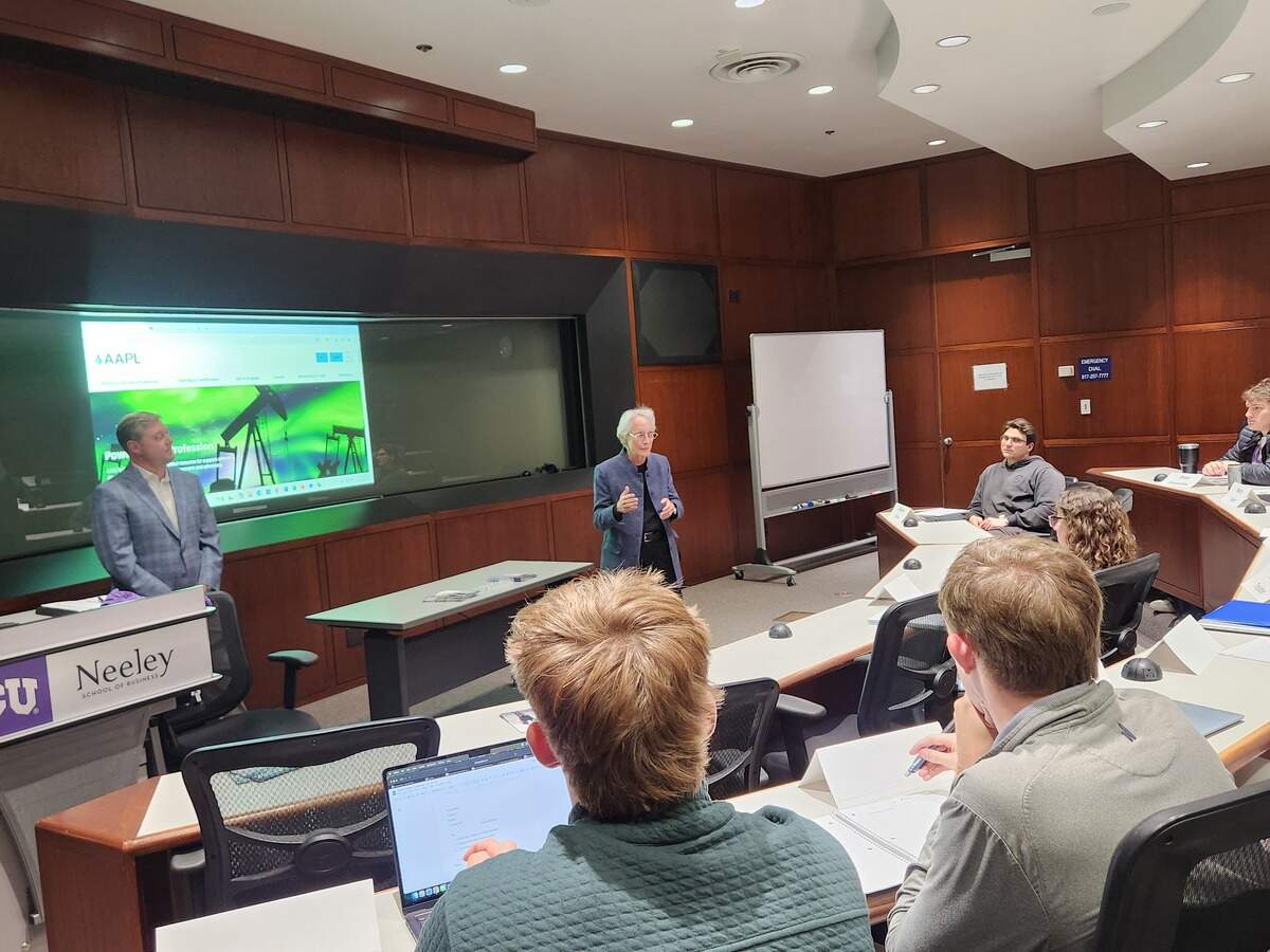 Members of the American Association of Professional Landmen talk to students during TCU’s new “Land Management and Land Administration” course.