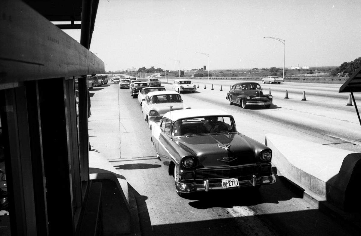 Oct. 9, 1958: Dallas-Fort Worth Turnpike toll plaza and traffic bound for the University of Texas vs. University of Oklahoma football game.