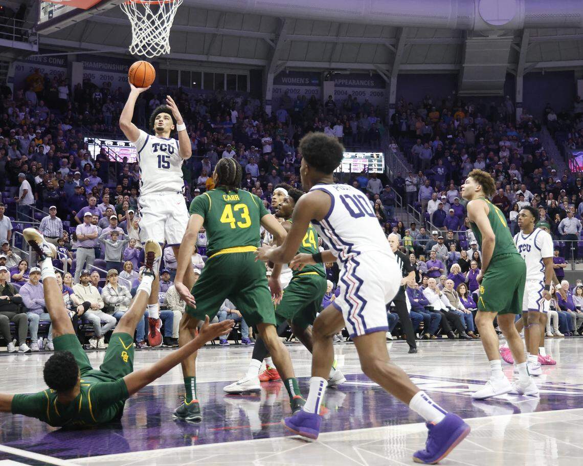TCU forward David Punch (15) puts in a right handed jumper during the second half of a NCAA basketball game between Baylor University and TCU at Schollmaier Arena in Fort Worth, Texas, Saturday Jan. 03, 2026