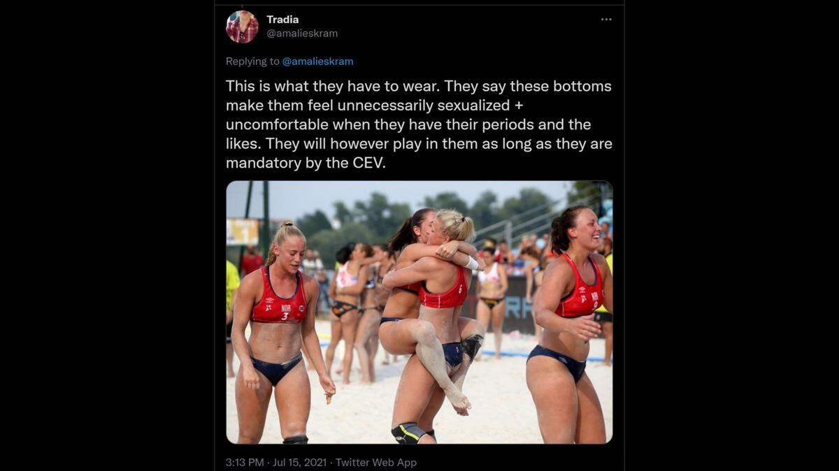 “Women should wear a bikini where the top should be a tight-fitting sports bra with deep openings at the arms,” the international regulations say “The bottom must not be more than ten centimeters on the sides.”