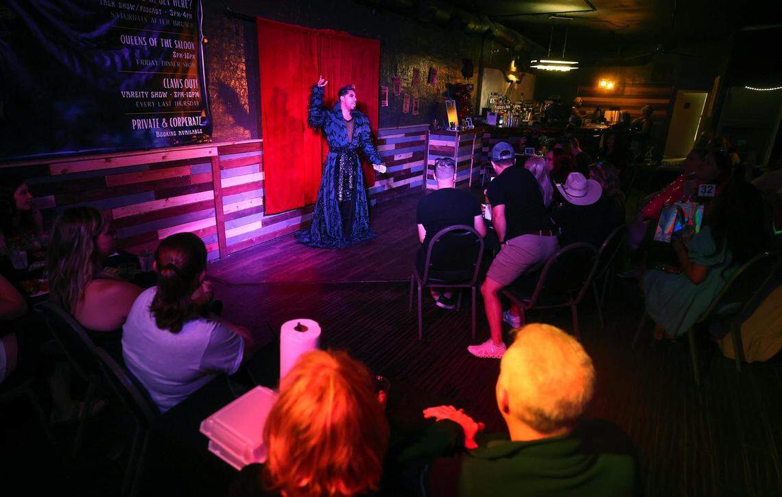 Patrick Mikyles performs a number during his show at Red Goose Saloon in downtown Fort Worth on Saturday, June 3, 2023. Mikyles started performing in drag at Red Goose Saloon five years ago. He recently switched his show to 18+ to prevent protests.