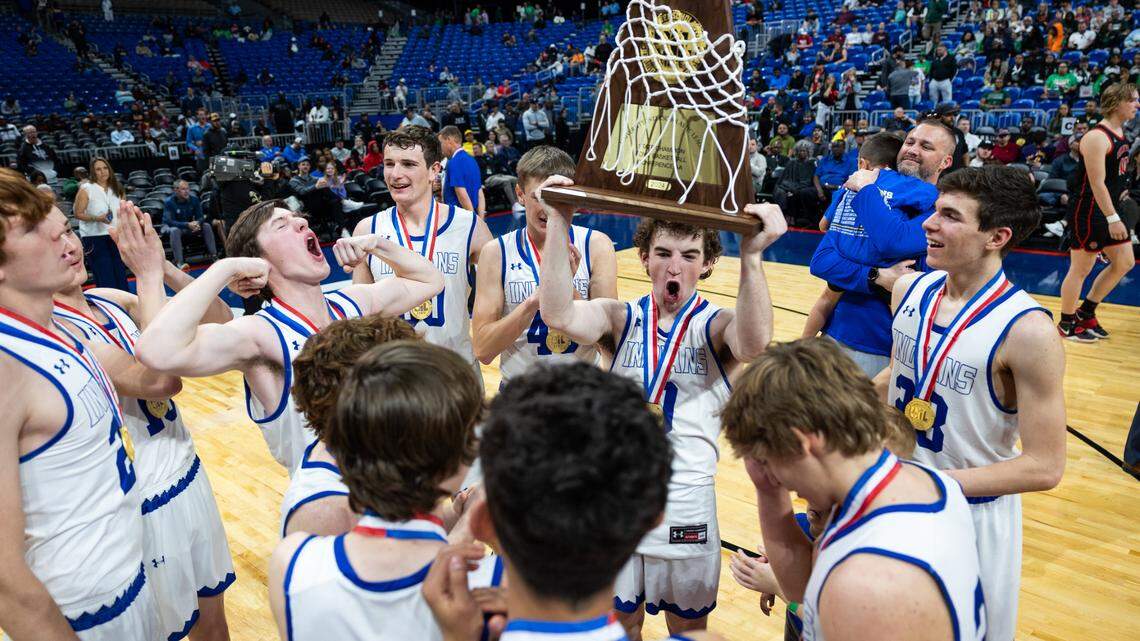 Lipan players celebrate with their hardware after beating Shelbyville in the Class 2A state championship game on Saturday, March 9, 2024 at the Alamodome in San Antonio, Texas. Lipan beat Shelbyville 47-36.