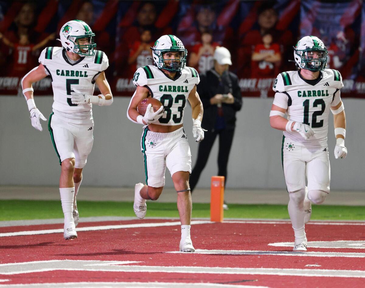 Southlake wide receiver Blake Gunter (5), wide receiver Christian Glenn (83) and linebacker Marcus Brouse (12) leave the end zone after Glenn scored on a blocked punt attempt during a District 4 6A football game at Northwest ISD Stadium in Justin, Texas, Thursday, Oct. 17, 2024.