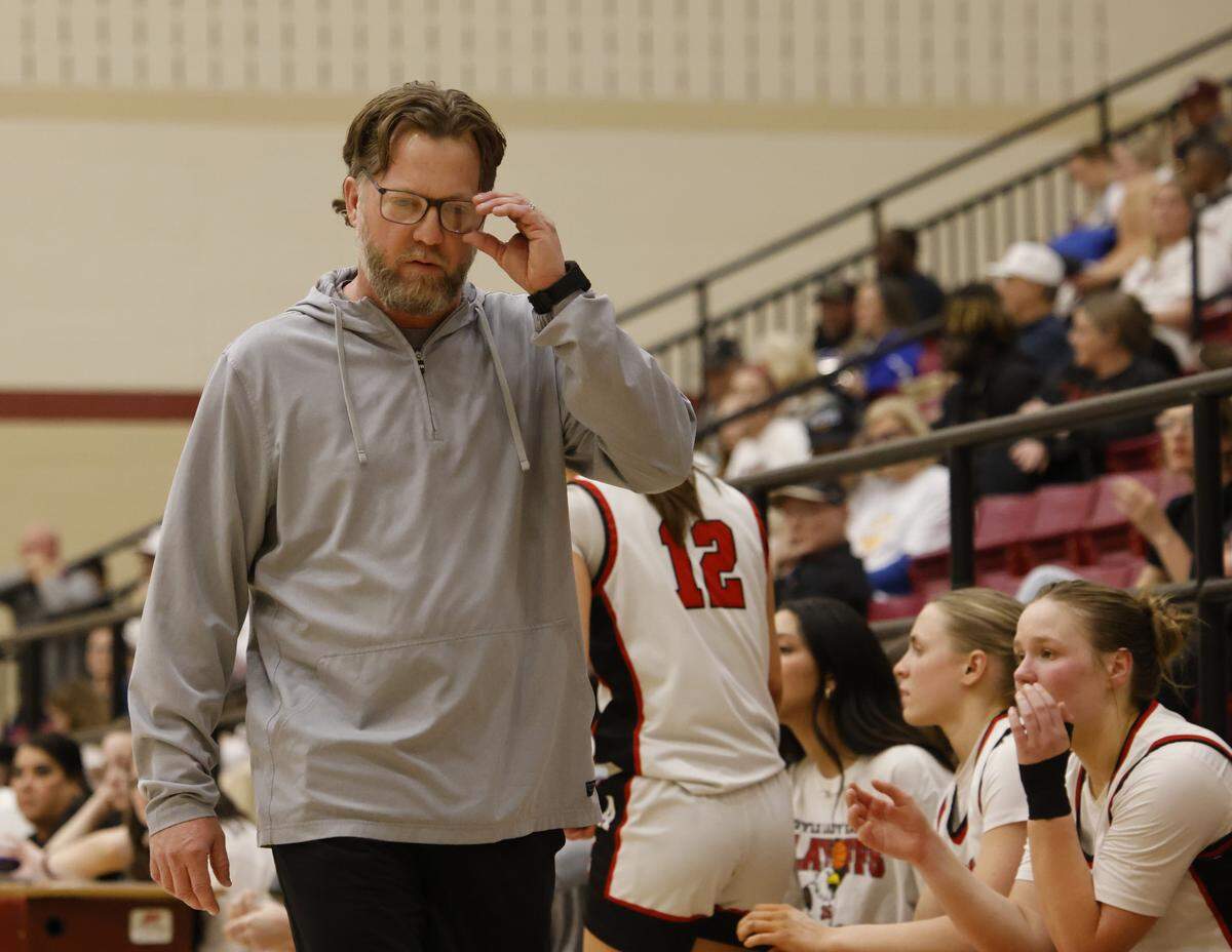 Argyle head coach Chance Westmoreland reacts to play against Mansfield Summit during the first half of a UIL Class 5A DII girls playoff basketball game at Saginaw High School in Saginaw, Texas, Thursday Feb. 19, 2026.