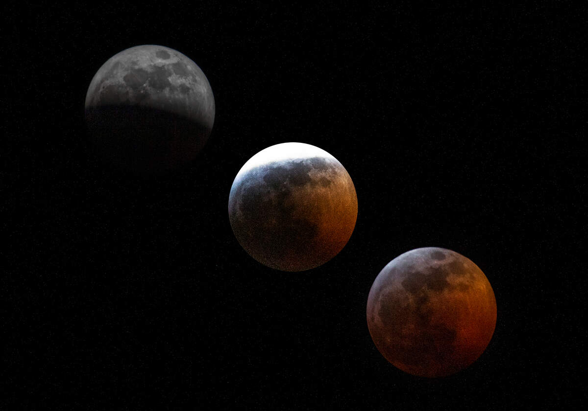A composite image of the stages of the total lunar eclipse, also called the “Blood Moon,” in Jan. 21, 2019.