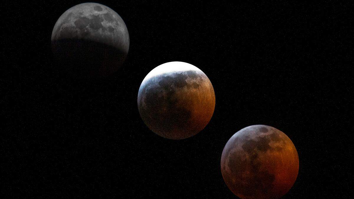 A composite image of the stages of the total lunar eclipse, also called the “Blood Moon,” in Jan. 21, 2019.