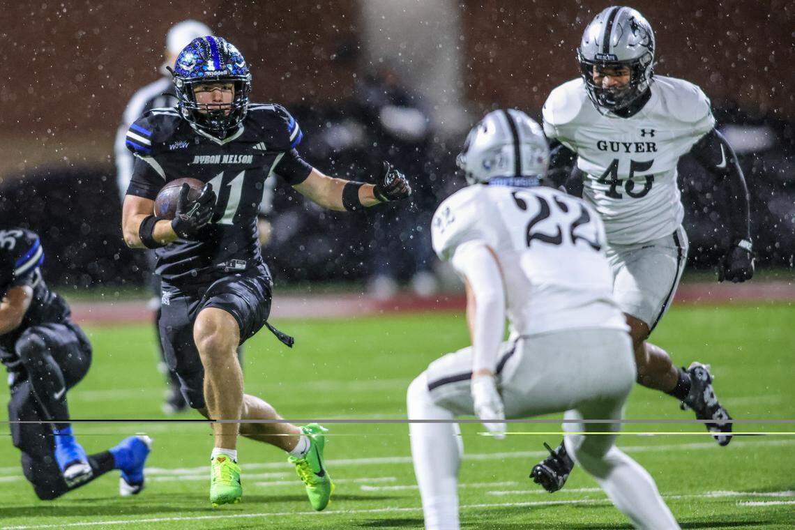 Byron Nelson receiver Nolan Hawkins (11) runs the ball against Denton Guyer in a Class 6A Division II regional semifinal Friday, Nov. 28, 2025, at Northwest ISD Stadium in Justin, Texas.