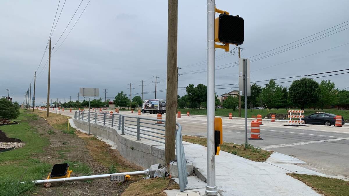 The intersection of Blue Mound Road and Basswood Boulevard on an April morning. TxDOT expects to wrap up renovations to the road by May.