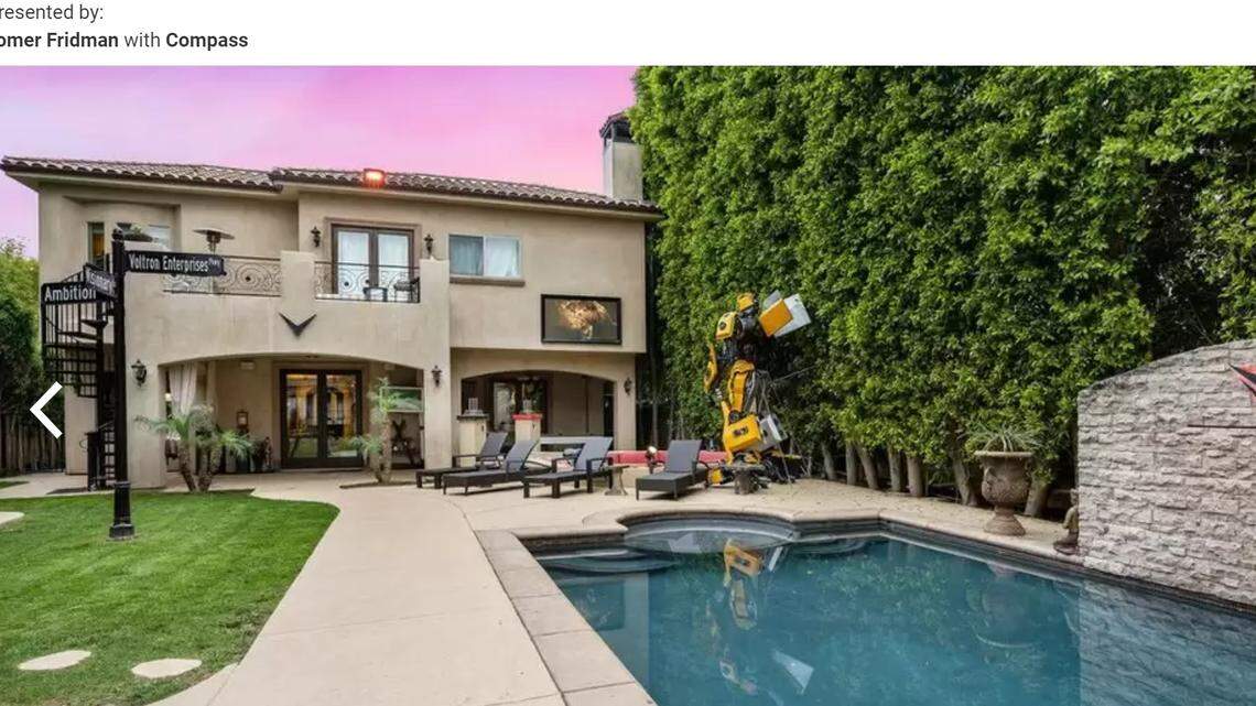 The Woodland Hills, California, home comes with a “Transformers” Bumblebee replica in the backyard.