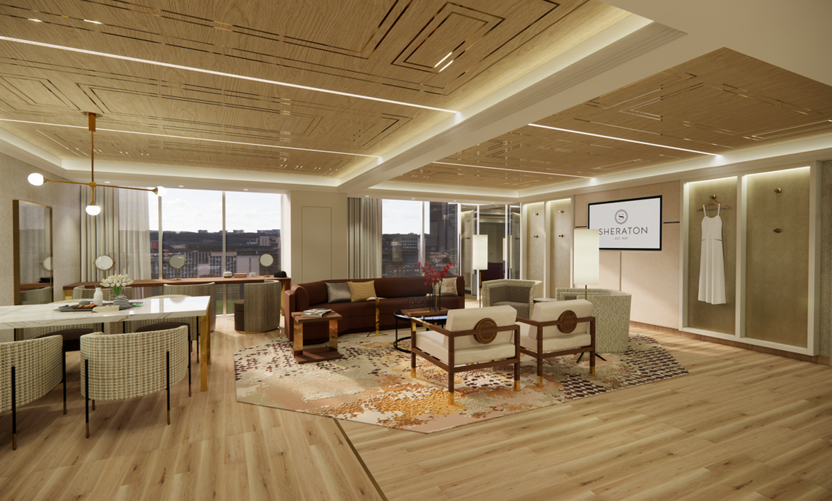 A rendering of the parlour shows a long couch with four end chairs in the center of the room. To the left, the room includes a dining table with four chairs in front of floor-to-ceiling windows.  