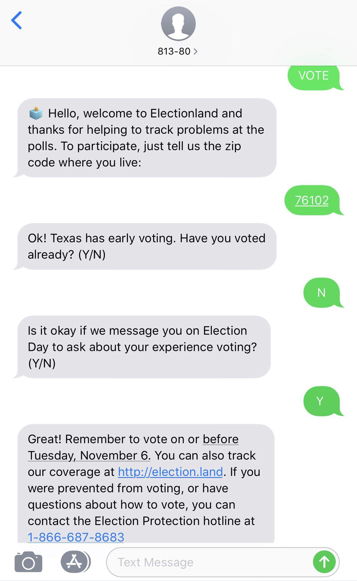 When you text VOTE to 81380, this is what you will see in order to tell the Star-Telegram and ProPublica about the voting problems you might have experienced.