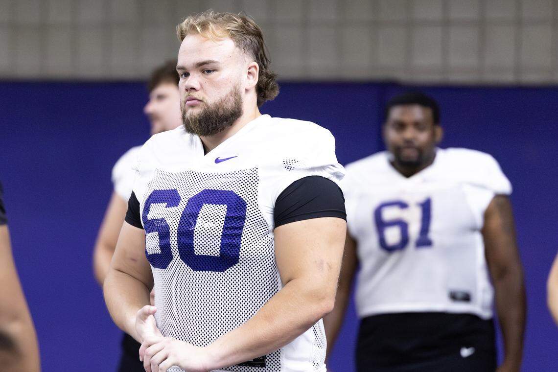 TCU offensive lineman Cade Bennett (60) works on drills during a team practice at the Sheridan & CLif Morris Football Practice Fields on TCU campus on Wednesday, Aug. 20, 2025.