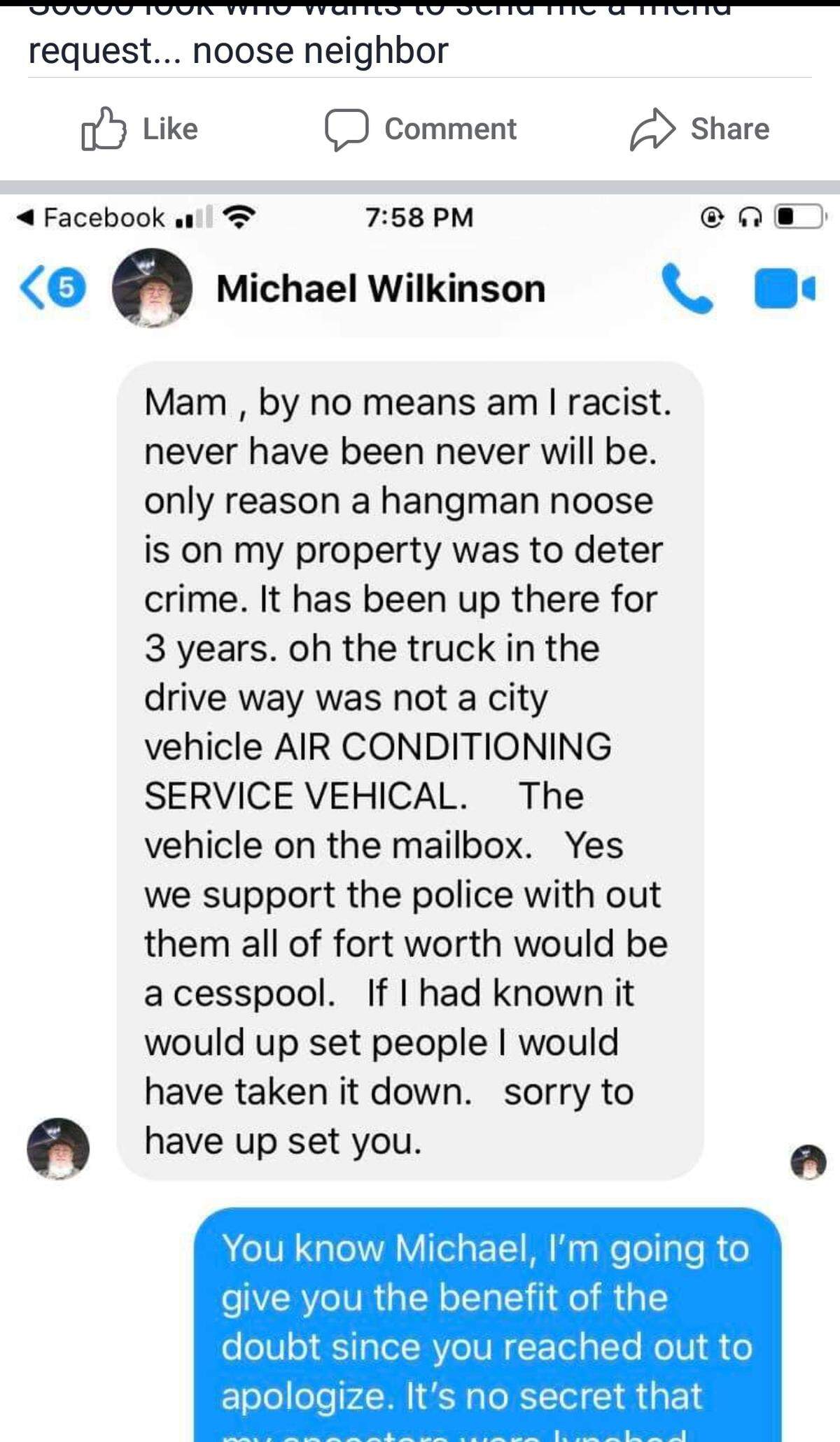 A screenshot of the Facebook conversation that Michael Wilkinson had with an individual about the noose.