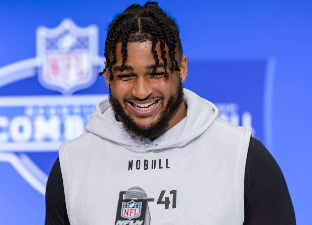Marshawn Kneeland speaks to the media during the 2024 NFL Draft Combine.