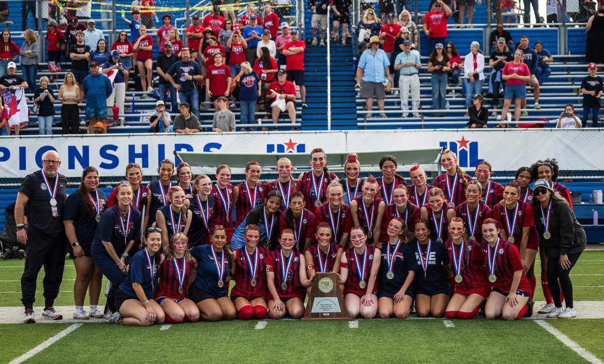 The Grapevine girls soccer team poses with their silver medals and runner-up trophy after dropping a 3-2 decision to Montgomery Lake Creek in the UIL Class 5A Division II state soccer championship game on Friday, April 10, 2026, at Birkelbach Field in Georgetown, Texas.