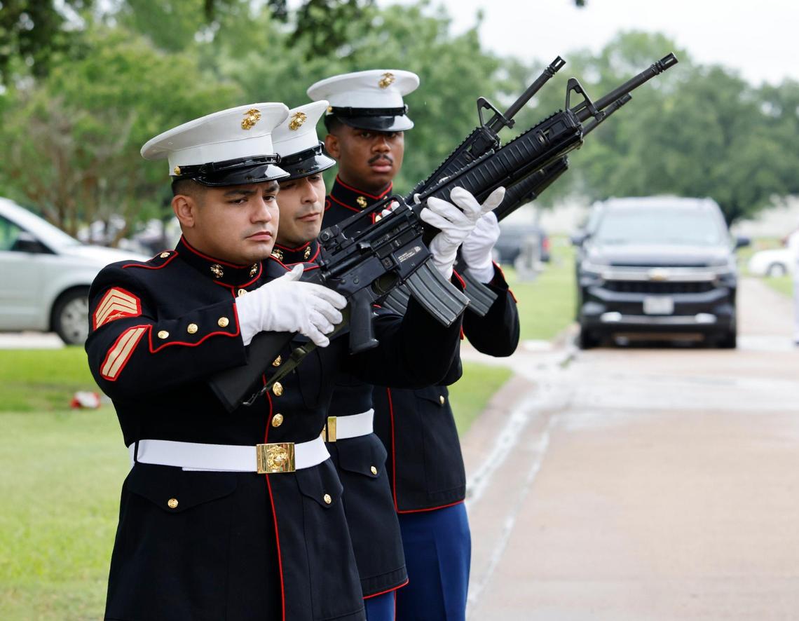 The US Marine rifle team fired a 21-gun salute during the 96th Fort Worth Memorial Day Service at Mount Olivet Cemetery in Fort Worth, Texas, Monday, May 26, 2025.